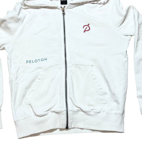 Peloton Hoodie Sweater Front Pockets Full Zipper Men Small White Used - Picture 3 of 5